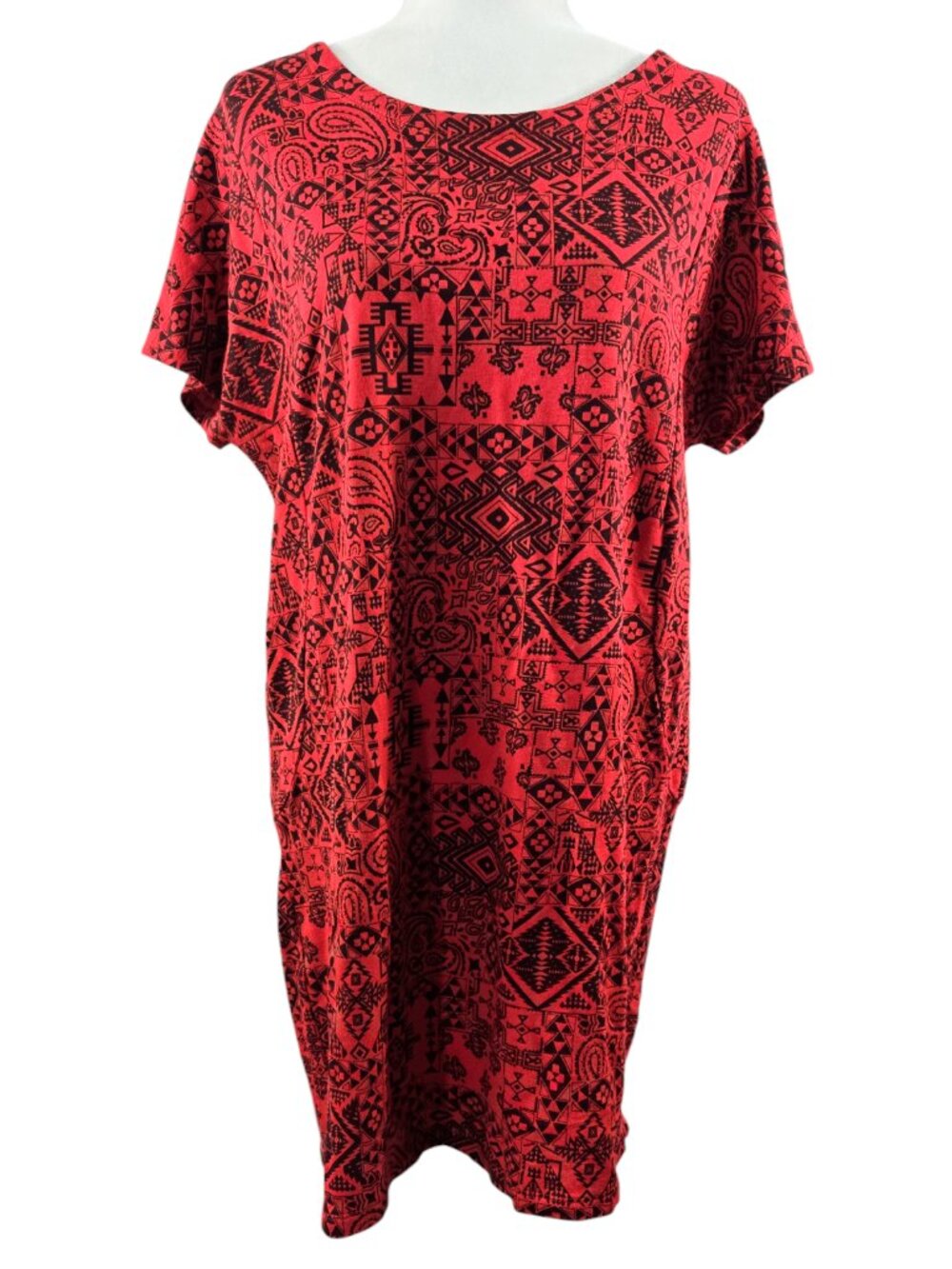 Pendleton Red Black Aztec Southwest Short Sleeve Knit Mini Dress Tribal Boho